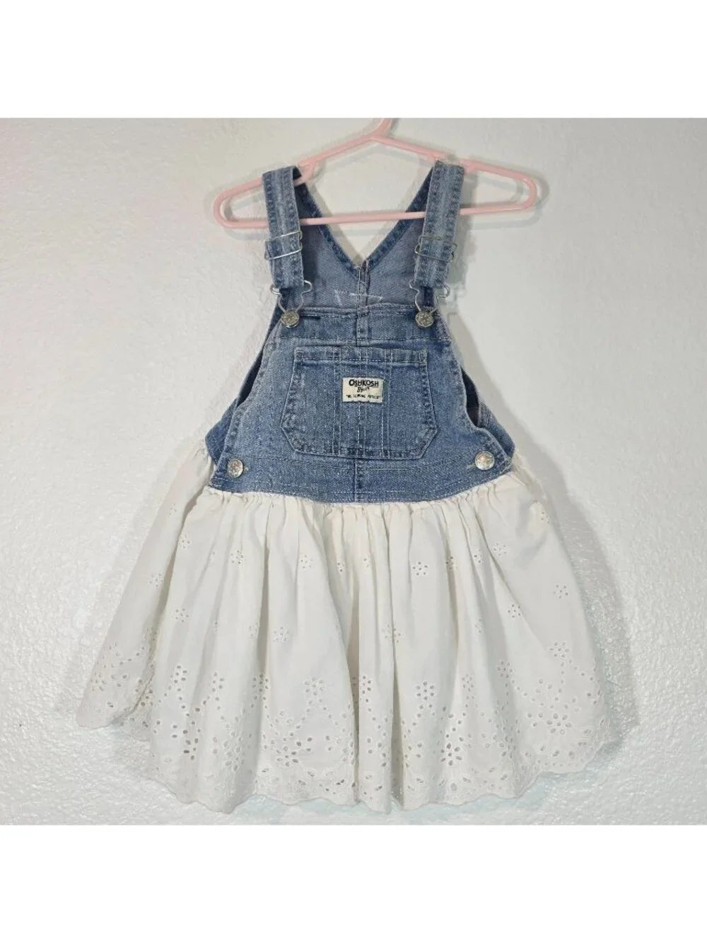 Oshkosh BGosh Jumper Dress Girls 3T Blue White Eyelet Denim Casual Play Party